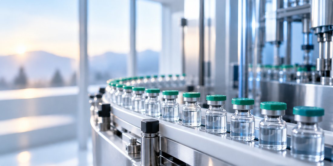 Green-capped vials on a sterile pharmaceutical production line
