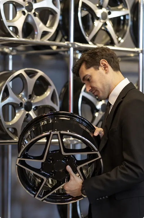 Produced aluminium wheels are being inspected