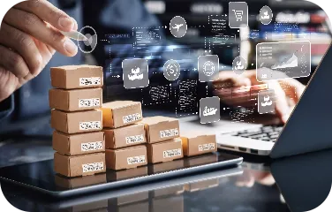 A laptop beside stacked boxes displaying digital order and packing workflows for traceability.