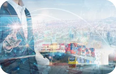 Digital overlay linking ports, trucks, and warehouses to show end-to-end supply chain visibility.