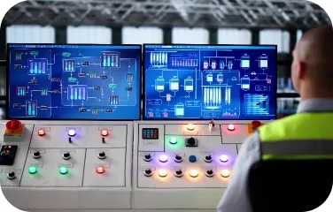 Control room operator monitoring multiple industrial process screens and panels.