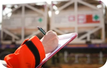 Worker in safety jacket taking notes on clipboard inside a manufacturing facility.