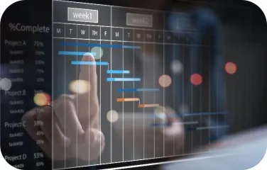 Digital production planning dashboard with charts and timelines on a touchscreen.