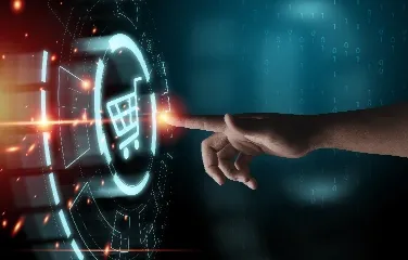 Hand activating digital e-commerce icon on virtual interface