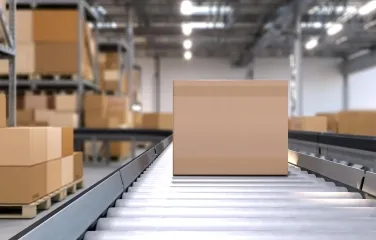 Package moving along a conveyor belt in a warehouse for efficient order fulfillment