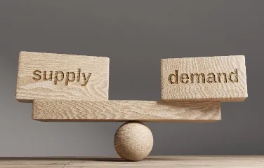 Wooden blocks balancing supply and demand concept