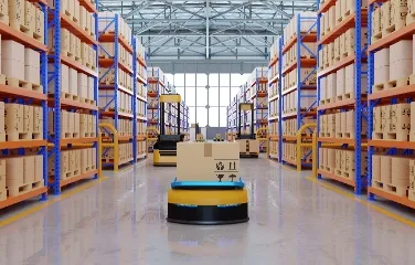 Automated robots moving boxes in a modern warehouse