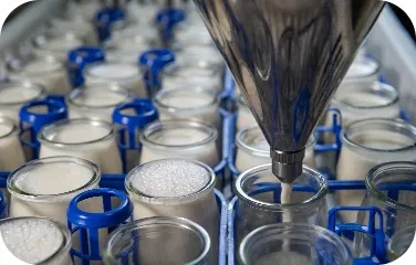 Automated nozzle filling jars with milk on production line.