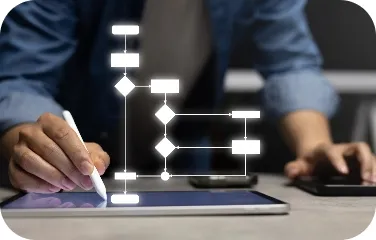 User examining a planning workflow diagram on a tablet device.