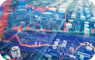 Aerial plant view overlaid with analytics charts illustrating production, performance, and market data.