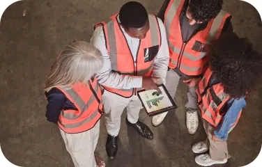 Team reviewing stock and purchase plans on a tablet in a warehouse.