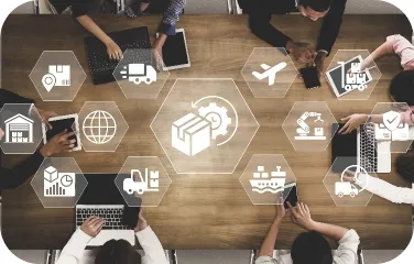 Procurement team collaborating around a table with sourcing icons and documents.