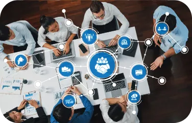 A team of procurement staff reviews orders on a tablet to coordinate sourcing decisions.