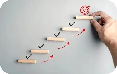 A hand marking checked steps that represent a phased procurement plan.