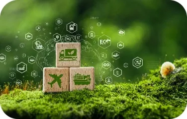 Wooden blocks with transport and eco icons representing sustainable logistics and low‑waste inventory practices.