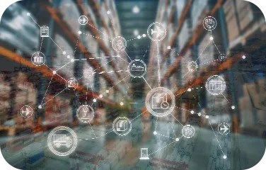 A warehouse scene overlaid with network graphics showing inventory flow and component tracking.