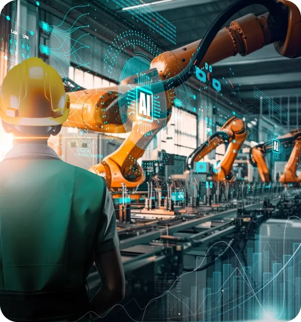 Factory floor with robotic arms and AI analytics overlay, representing Sales & Operations Planning (S&OP)
