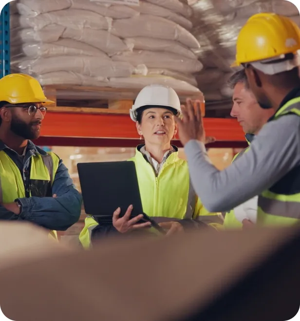 Warehouse staff wearing safety gear review inventory data and coordinate supply chain stock management using a laptop.
