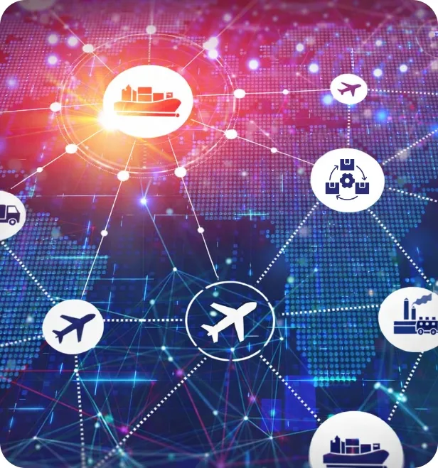 Global supply chain network design showing interconnected transportation, production, and distribution nodes across regions.