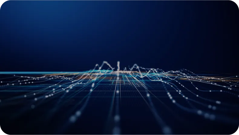 Abstract digital visualization representing chemical supply chain planning with data flows and analytics overlays.