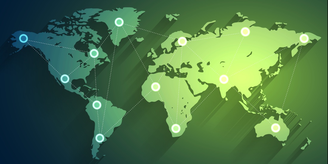 Illustrated world map showing interconnected global network nodes across multiple continents, representing distributed network design and connectivity.