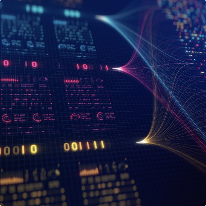 Abstract digital visualization representing chemical supply chain planning with data flows and analytics overlays.