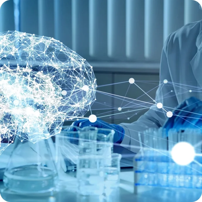AI-native decision execution overlay on a life sciences lab, connecting planning data to test tubes and equipment