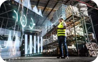 A warehouse worker reviews campaign planning data through an analytics overlay.