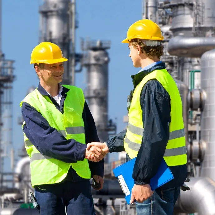 Engineers shaking hands at a refinery, symbolizing industrial partnership in production planning
