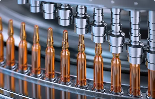 Automated pharmaceutical production line filling glass ampoules with precision equipment
