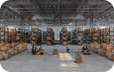 A connected warehouse network illustrates supply chain network design across distribution nodes.