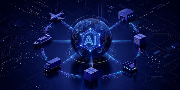 A futuristic digital illustration shows a glowing AI sphere connected to ships, trucks, warehouses, and aircraft in a global logistics network.