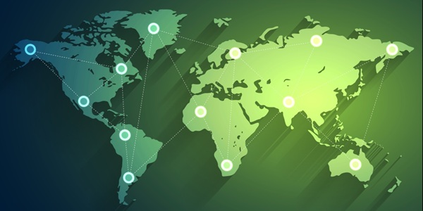 Illustrated world map showing interconnected global network nodes across multiple continents, representing distributed network design and connectivity.