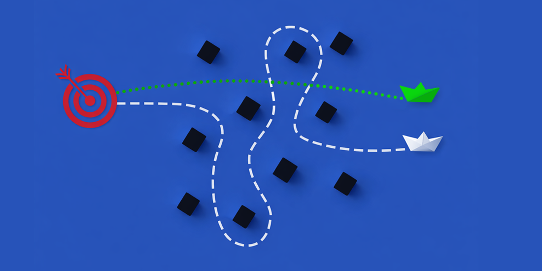 Illustration of scenario-based network design showing multiple possible routes around obstacles, comparing an optimal direct path to flexible alternative paths under uncertainty.